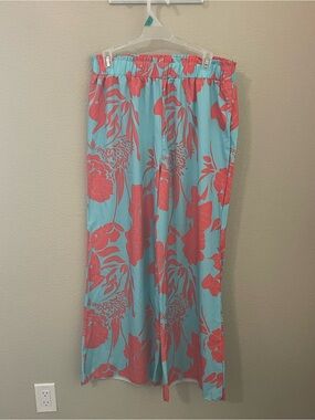 SHEIN Aqua Blue & Coral Floral Wide-Leg Pants